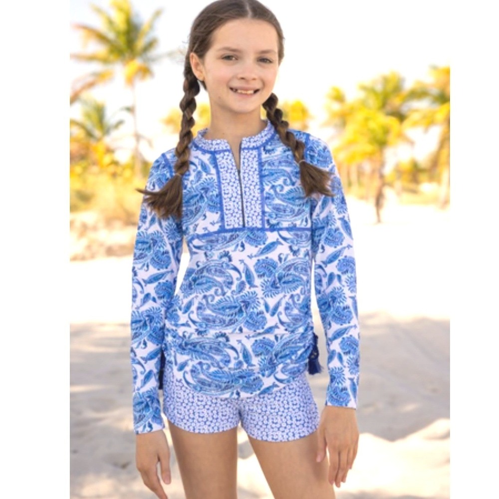 Cabana Life Girls Blue Paisley Rashguard‎ and Swim Shorts Set Size 7/8 UPF 50+